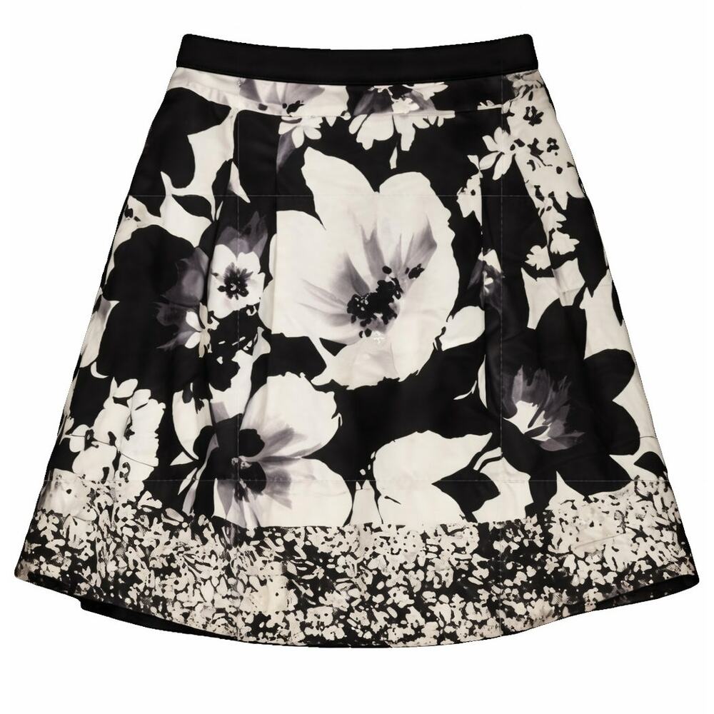 WHBM Mini Skirt Women Size 10 Black Gray Floral Artsy Lined Pockets Boho
